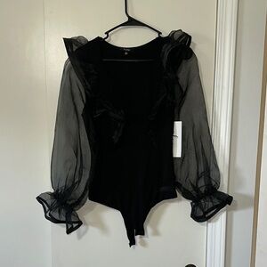 Fate Black Ruffled Sheer Long Sleeve Bodysuit